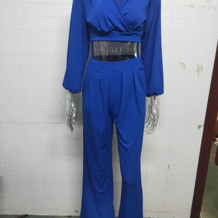 Women's two-piece suit Elegant lantern sleeve casual round neck blouse shirt high waist loose wide-legged pants suit