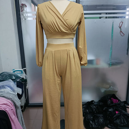 Women's two-piece suit Elegant lantern sleeve casual round neck blouse shirt high waist loose wide-legged pants suit