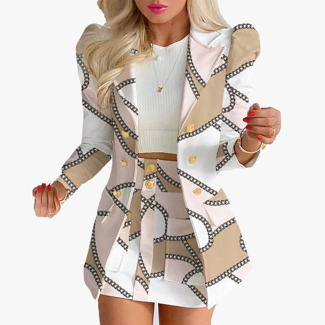 Suit Suit Women's Short Skirt Suit Two-piece Dress Dress Long Sleeve Temperament Plaid Printed Popular Vacation Casual
