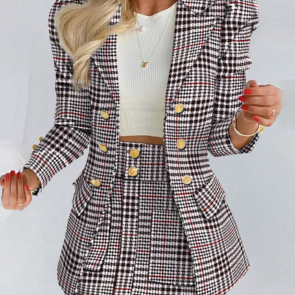 Suit Suit Women's Short Skirt Suit Two-piece Dress Dress Long Sleeve Temperament Plaid Printed Popular Vacation Casual