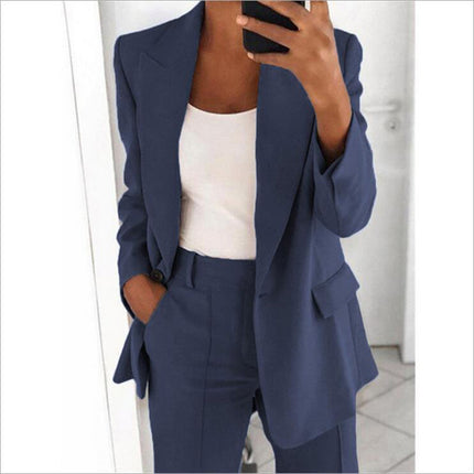 Fashion Jacket Women Fashion Button Long Sleeve Slim Suit Jacket Pure Color Lapel Temperament Cardigan Top Set