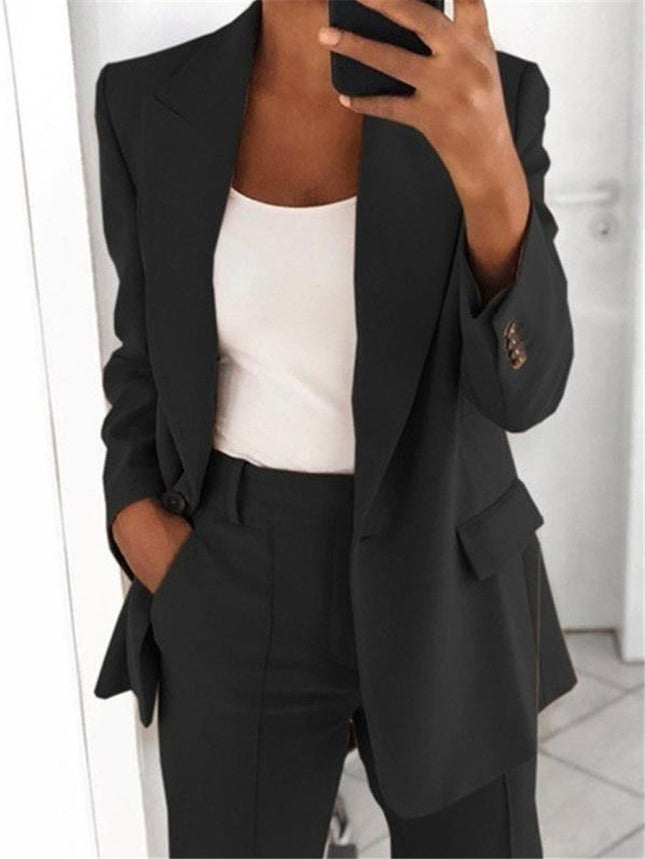 Fashion Jacket Women Fashion Button Long Sleeve Slim Suit Jacket Pure Color Lapel Temperament Cardigan Top Set