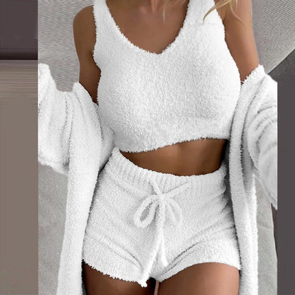 Women's Warm Fuzzy Pajamas 3 Piece Outfits, Fleece Hooded Cardigan Sleeveless Cropped Tank Tops Shorts Lounge Set