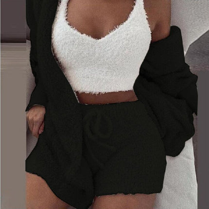 Women's Warm Fuzzy Pajamas 3 Piece Outfits, Fleece Hooded Cardigan Sleeveless Cropped Tank Tops Shorts Lounge Set