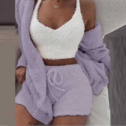 Women's Warm Fuzzy Pajamas 3 Piece Outfits, Fleece Hooded Cardigan Sleeveless Cropped Tank Tops Shorts Lounge Set