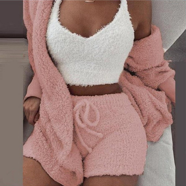 Women's Warm Fuzzy Pajamas 3 Piece Outfits, Fleece Hooded Cardigan Sleeveless Cropped Tank Tops Shorts Lounge Set