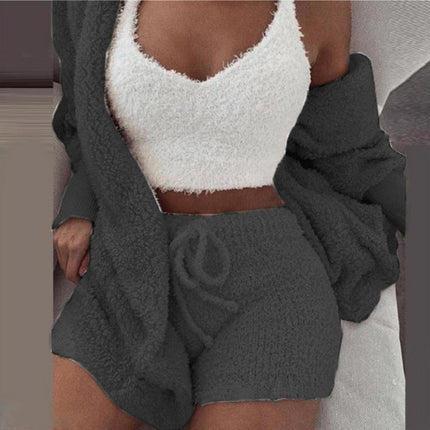 Women's Warm Fuzzy Pajamas 3 Piece Outfits, Fleece Hooded Cardigan Sleeveless Cropped Tank Tops Shorts Lounge Set