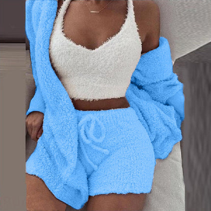 Women's Warm Fuzzy Pajamas 3 Piece Outfits, Fleece Hooded Cardigan Sleeveless Cropped Tank Tops Shorts Lounge Set