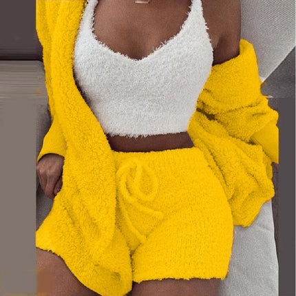 Women's Warm Fuzzy Pajamas 3 Piece Outfits, Fleece Hooded Cardigan Sleeveless Cropped Tank Tops Shorts Lounge Set