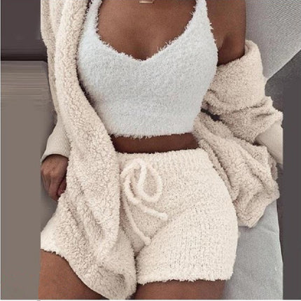 Women's Warm Fuzzy Pajamas 3 Piece Outfits, Fleece Hooded Cardigan Sleeveless Cropped Tank Tops Shorts Lounge Set