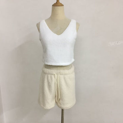 Women's Warm Fuzzy Pajamas 3 Piece Outfits, Fleece Hooded Cardigan Sleeveless Cropped Tank Tops Shorts Lounge Set