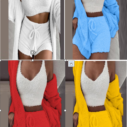 Women's Warm Fuzzy Pajamas 3 Piece Outfits, Fleece Hooded Cardigan Sleeveless Cropped Tank Tops Shorts Lounge Set