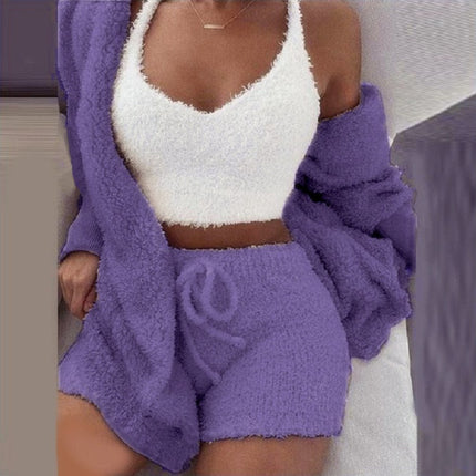 Women's Warm Fuzzy Pajamas 3 Piece Outfits, Fleece Hooded Cardigan Sleeveless Cropped Tank Tops Shorts Lounge Set