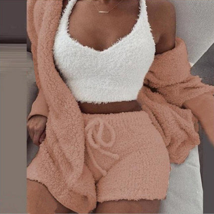 Women's Warm Fuzzy Pajamas 3 Piece Outfits, Fleece Hooded Cardigan Sleeveless Cropped Tank Tops Shorts Lounge Set