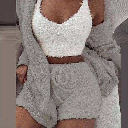 Women's Warm Fuzzy Pajamas 3 Piece Outfits, Fleece Hooded Cardigan Sleeveless Cropped Tank Tops Shorts Lounge Set