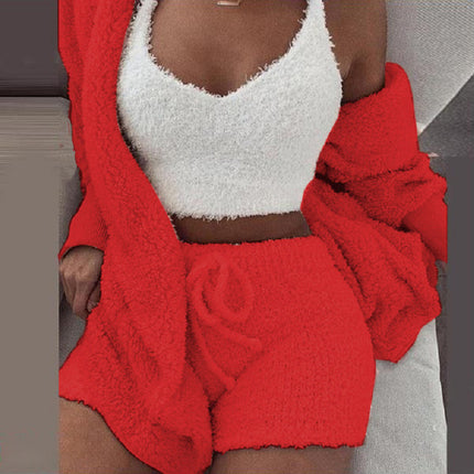 Women's Warm Fuzzy Pajamas 3 Piece Outfits, Fleece Hooded Cardigan Sleeveless Cropped Tank Tops Shorts Lounge Set