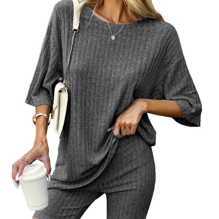 Women's 2-Piece Loungewear Ribbed Knit Matching Garment T-Shirt Motorcycle Shorts Casual Pajama Set