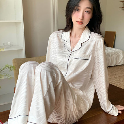 Ice silk thin section of women's pajamas long-sleeved tops and bottoms long pants set of comfortable homewear spring and autumn models