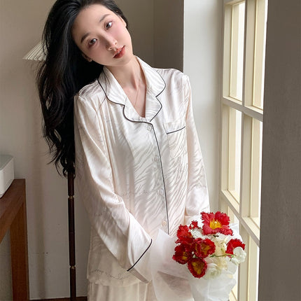 Ice silk thin section of women's pajamas long-sleeved tops and bottoms long pants set of comfortable homewear spring and autumn models