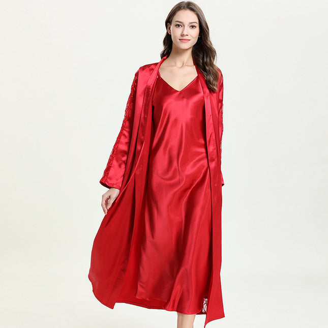 Women's pajamas simulation silk pajamas halter dress robe bathrobe two-piece set