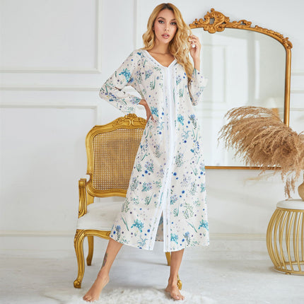 Autumn and Winter Women Woven Printed Long Sleeve Long Dresses Pullover Nightgowns for Women