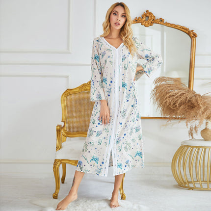 Autumn and Winter Women Woven Printed Long Sleeve Long Dresses Pullover Nightgowns for Women