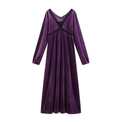 Spring and Autumn Palace Style Women's Long Sleeve Long Golden Velvet Warm Loose Pajama Dresses-C