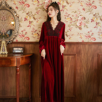 Spring and Autumn Palace Style Women's Long Sleeve Long Golden Velvet Warm Loose Pajama Dresses-D