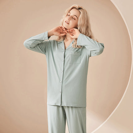 Men and women modal pajamas set long-sleeved buttons soft upper and lower body 2-piece set of modal homewear suit