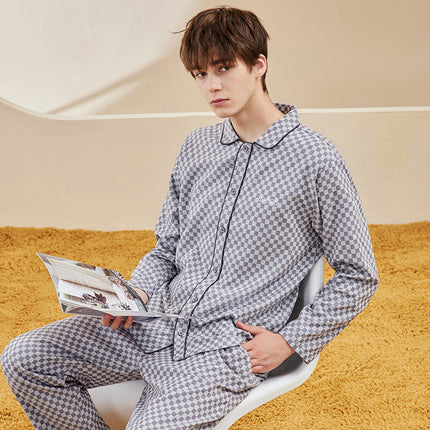 New Long Sleeved Pure Cotton Pajamas Man's and Women's Brushed Woven Plaid Pajamas Spring And Autumn Home Set