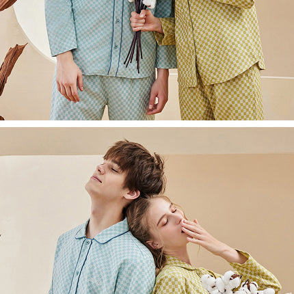 New Long Sleeved Pure Cotton Pajamas Man's and Women's Brushed Woven Plaid Pajamas Spring And Autumn Home Set