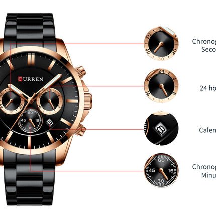 Men's Fashion Watches Multi-function Calendar Waterproof Chronograph Wristwatches,Stainsteel Steel Band Watch  for Men