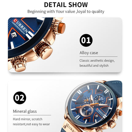 Men's Fashion Watches,  Leather Strap wristwatches Waterproof Quartz Calendar Watch for Men