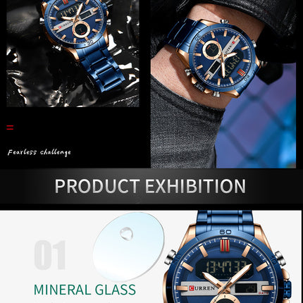 Men's Fashion Watches,  Stainless Steel Strap Waterproof Quartz Double Movement Watch for Men