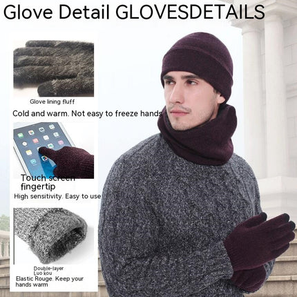 Winter Men's and Women's Woolen Hat Scarf Touch Screen Gloves Set - Warm Lined Knitted Plush Long Scarf Set
