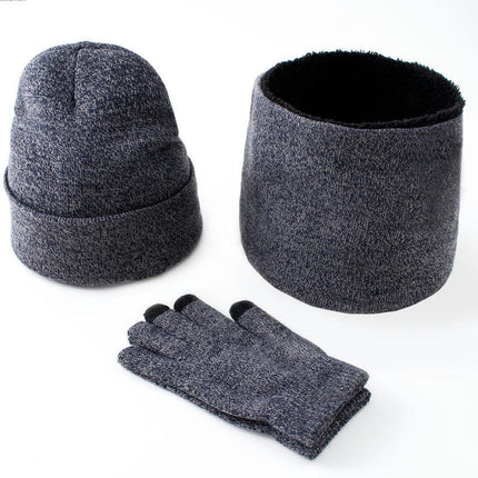 Winter Men's and Women's Woolen Hat Scarf Touch Screen Gloves Set - Warm Lined Knitted Plush Long Scarf Set
