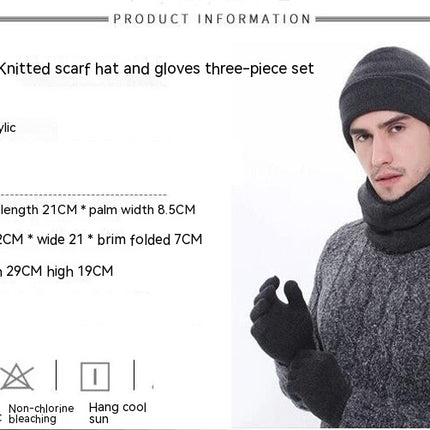 Winter Men's and Women's Woolen Hat Scarf Touch Screen Gloves Set - Warm Lined Knitted Plush Long Scarf Set