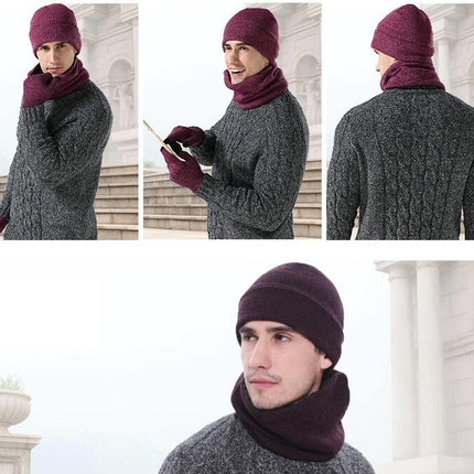Winter Men's and Women's Woolen Hat Scarf Touch Screen Gloves Set - Warm Lined Knitted Plush Long Scarf Set