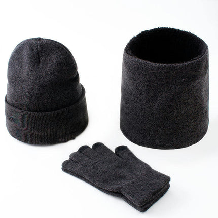 Winter Men's and Women's Woolen Hat Scarf Touch Screen Gloves Set - Warm Lined Knitted Plush Long Scarf Set