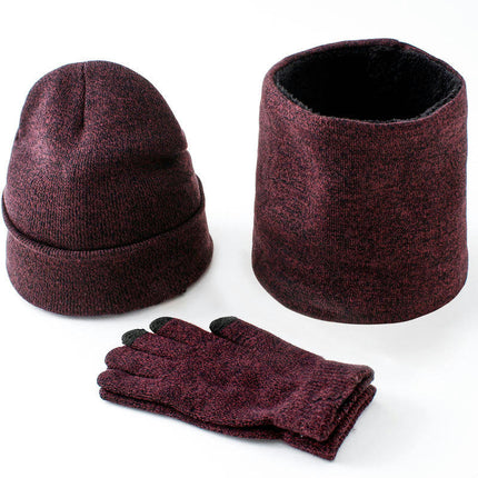 Winter Men's and Women's Woolen Hat Scarf Touch Screen Gloves Set - Warm Lined Knitted Plush Long Scarf Set
