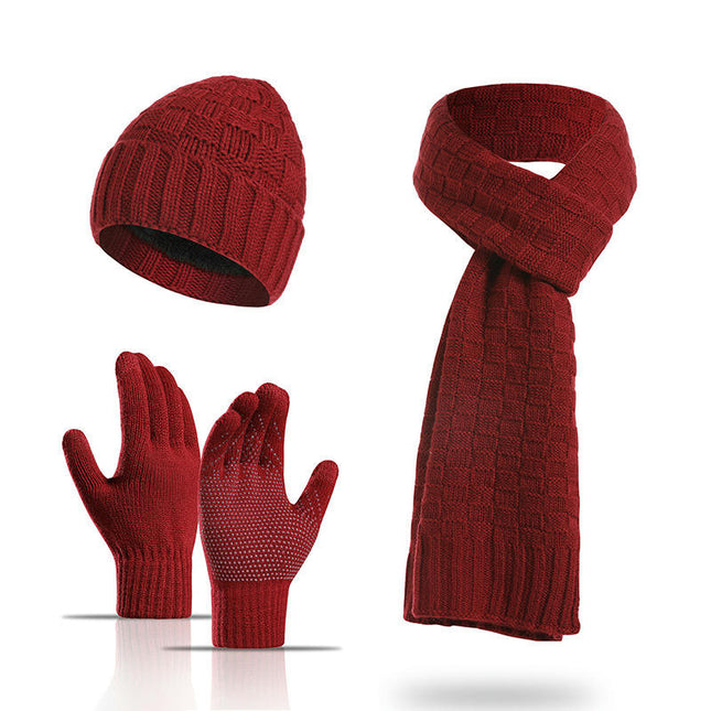 Winter Woolen Warm Hat Long Scarf Touch Screen Gloves Set (with Wool Lining), Suitable for Men and Women