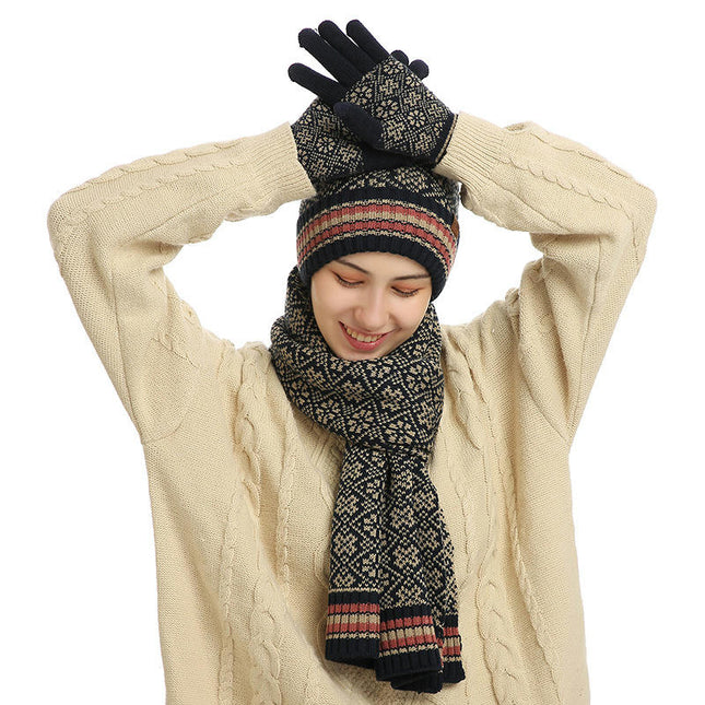 3 Piece Men's and Women's Hat Scarf Gloves Set Winter Soft Knit Hat and Neck Warmer Gloves Set