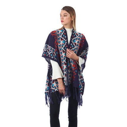 Women's Ethnic Style Faux Cashmere Shawl Winter Warm Cardigan  Tassel Cape