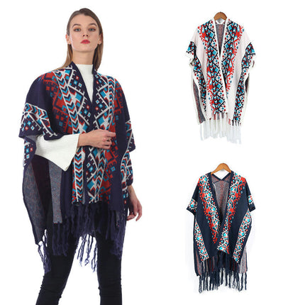 Women's Ethnic Style Faux Cashmere Shawl Winter Warm Cardigan  Tassel Cape