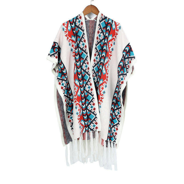Women's Ethnic Style Faux Cashmere Shawl Winter Warm Cardigan  Tassel Cape