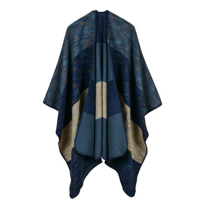 Women's Rainbow Wide Stripe Placket Poncho Knitted Plaid Shawl Wrap Poncho Fringe Cardigan Sweater