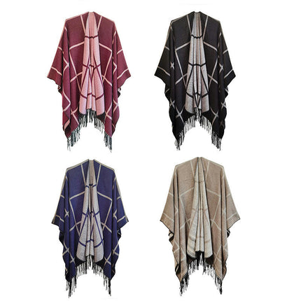 Womens Poncho Cape, Plaid Poncho Sweater Cardigan Knitted Tassel Opne Front Shawl Wrap Cape