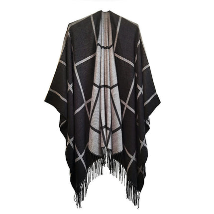 Womens Poncho Cape, Plaid Poncho Sweater Cardigan Knitted Tassel Opne Front Shawl Wrap Cape
