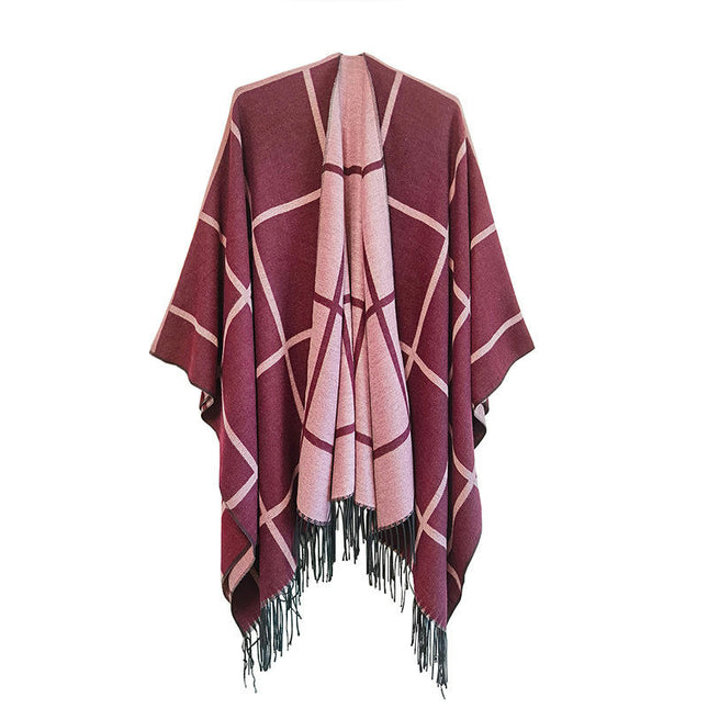 Womens Poncho Cape, Plaid Poncho Sweater Cardigan Knitted Tassel Opne Front Shawl Wrap Cape