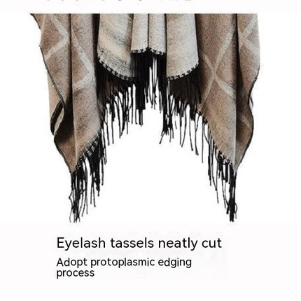 Womens Poncho Cape, Plaid Poncho Sweater Cardigan Knitted Tassel Opne Front Shawl Wrap Cape